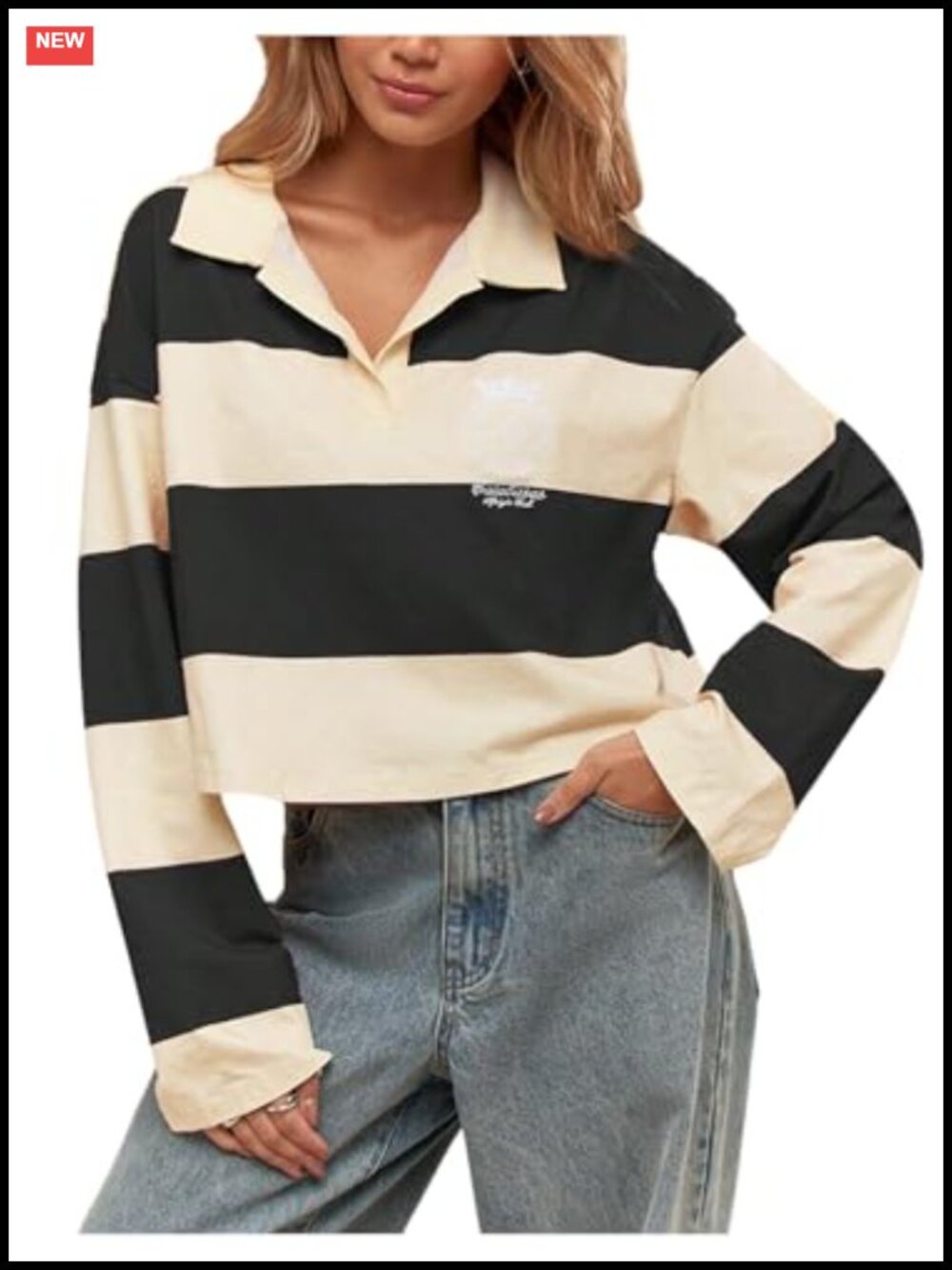 Rugby Shirt Striped Crop Sweatshirt Long Sleeve Pullover Y2K Crop Top